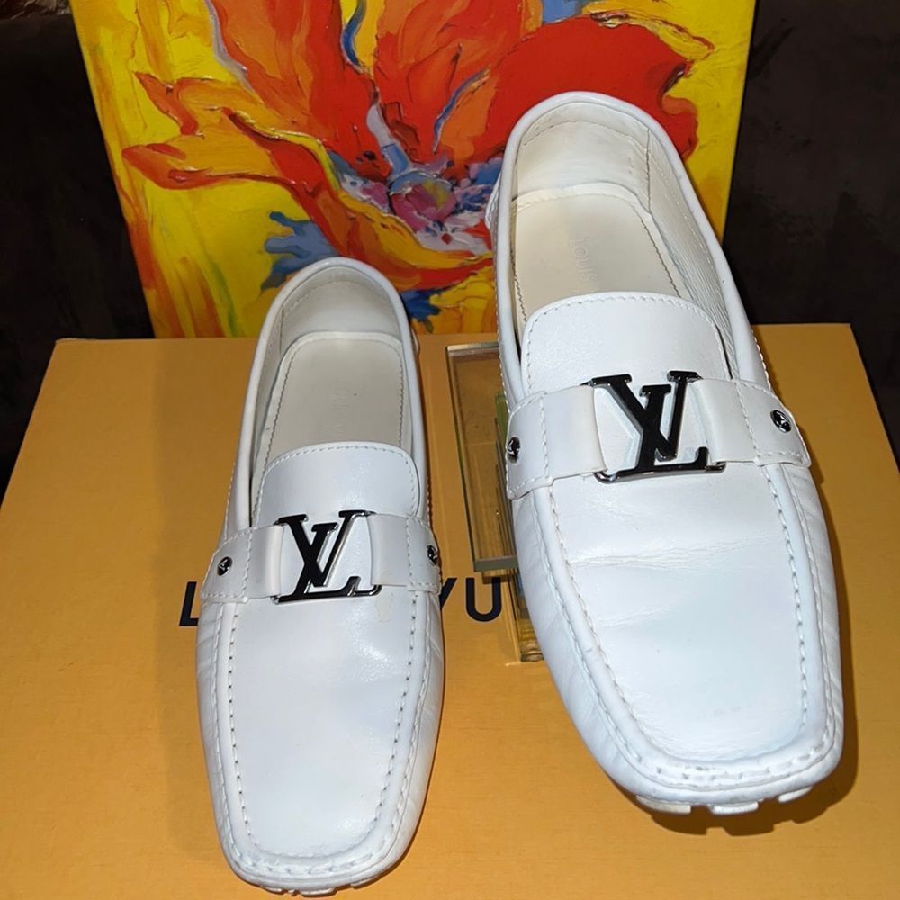 COPY - Authentic Louis Vuitton white leather loafer with silver toned hardwareS…